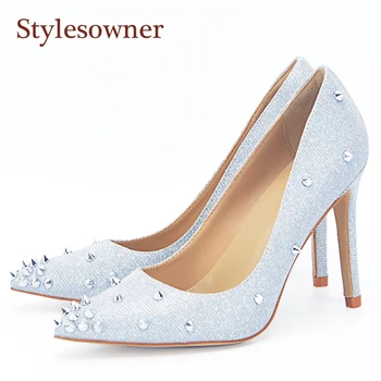 stylesowner Rivets Women Shoe Slip On Pointed Toe Chic Lady Sexy Pumps Stiletto Luxury Bling Silver Wedding Party Shoe
stylesowner Rivets Women Shoe Slip On Pointed Toe Chic Lady Sexy Pumps Stiletto Luxury Bling Silver Wedding Party Shoe