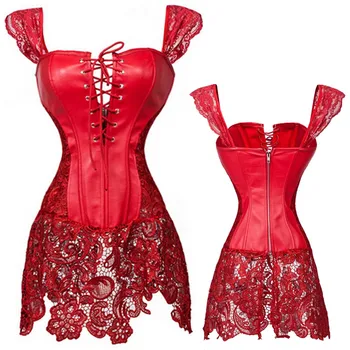 Plus Size Sexy Corset Black Red Lace Shoulder Strap&Hem Faux Leather Corset Lace-Up Front and Back Zipper Bustiers W5504 
Plus Size Sexy Corset Black Red Lace Shoulder Strap&Hem Faux Leather Corset Lace-Up Front and Back Zipper Bustiers W5504