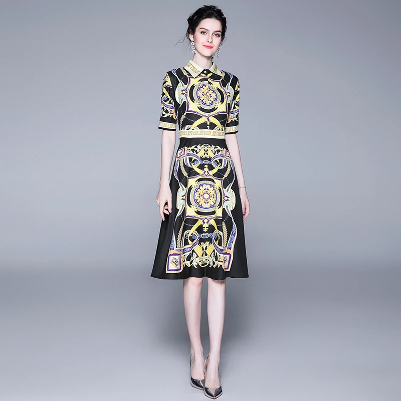 Runway Design Women Summer Dress Fashion Short Sleeve Vintage Printed Dress Ladies Elegant Kenn-length Dresses Vestidos Femme
Runway Design Women Summer Dress Fashion Short Sleeve Vintage Printed Dress Ladies Elegant Kenn-length Dresses Vestidos Femme