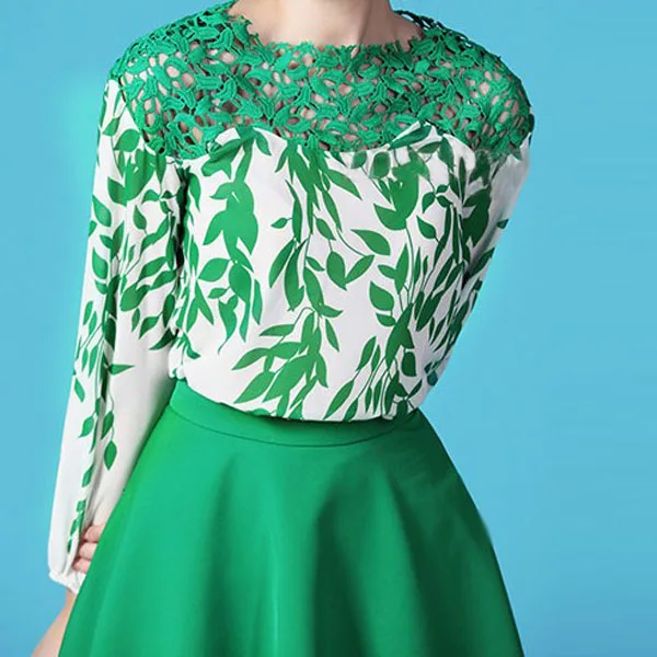 2017 NEW Spring/Autumn/Summer Cutout Crocheted Lace Embroidery Shirt O-Neck Green Leaf Print Sexy Women's Chiffon Blouse
2017 NEW Spring/Autumn/Summer Cutout Crocheted Lace Embroidery Shirt O-Neck Green Leaf Print Sexy Women's Chiffon Blouse