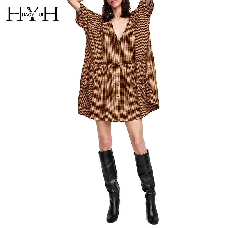 HYH Haoyihui Femme Summer Sexy Simple Girls V-Neck A-Line Loose Half Sleeve Pleated Plaid Single-breasted Pockets Mini Dress
HYH Haoyihui Femme Summer Sexy Simple Girls V-Neck A-Line Loose Half Sleeve Pleated Plaid Single-breasted Pockets Mini Dress