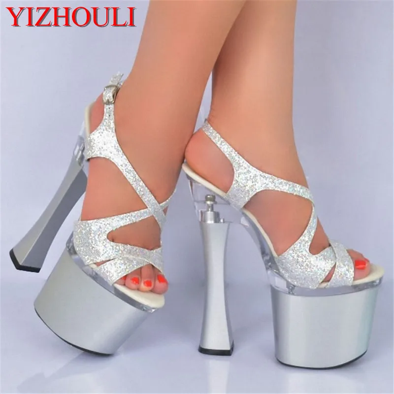

Shining Silver/Black 18CM Sexy Super High Heel Platforms Pole Dance/Performance/Star/Model Shoes, Wedding Shoes