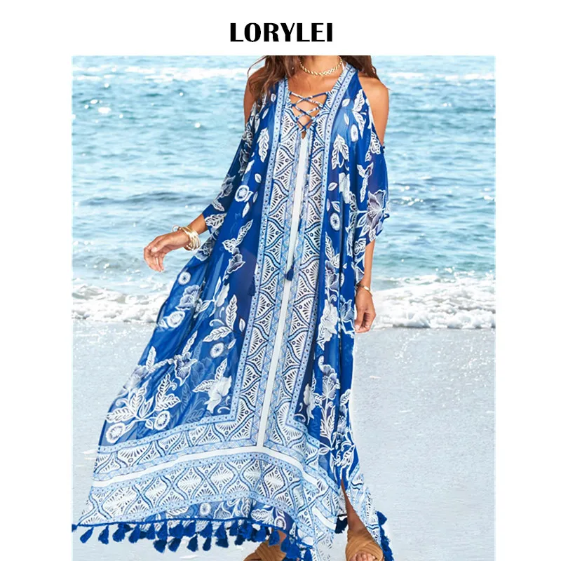 Sexy Lace Up Cold Shoulder Batwing Sleeve Side Split Blue Print Long Beach Dress Pattern Tunic For Women Swimwear Cover Up N626
Sexy Lace Up Cold Shoulder Batwing Sleeve Side Split Blue Print Long Beach Dress Pattern Tunic For Women Swimwear Cover Up N626