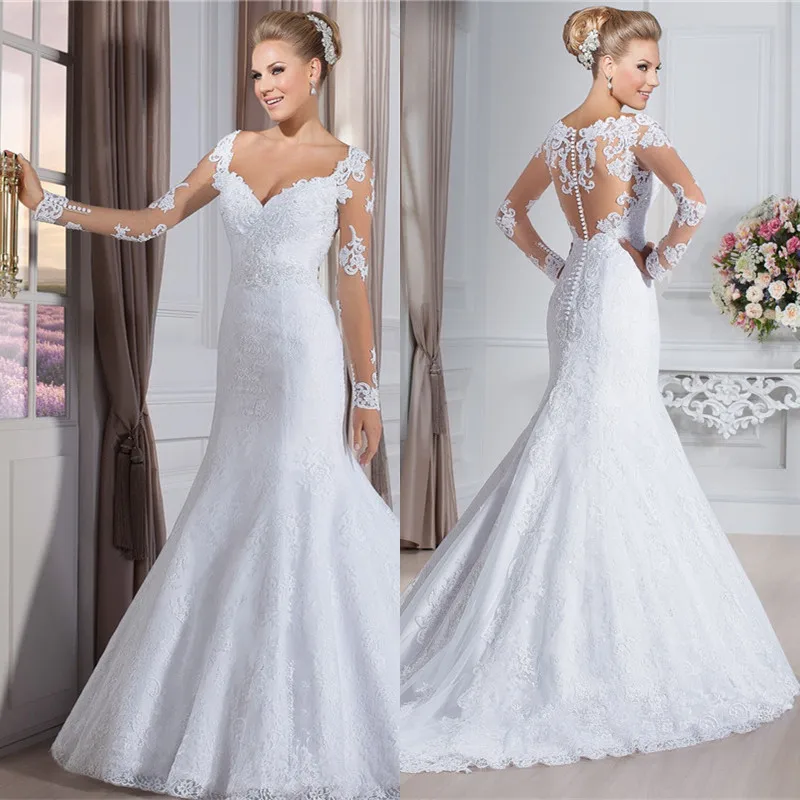Hot sale sweetheart long sleeves see through back zipper button beaded appliqued lace mermaid wedding dresses IZ27
Hot sale sweetheart long sleeves see through back zipper button beaded appliqued lace mermaid wedding dresses IZ27