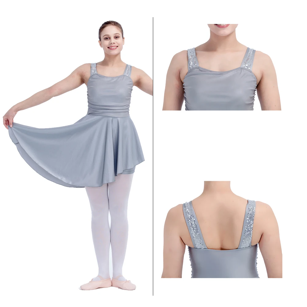 Jazz Dress Silver Gray Sequin Wide Straps Mesh Front Nylon/Lycra Tank Leotard with Irregular Skirt and Shorts
Jazz Dress Silver Gray Sequin Wide Straps Mesh Front Nylon/Lycra Tank Leotard with Irregular Skirt and Shorts