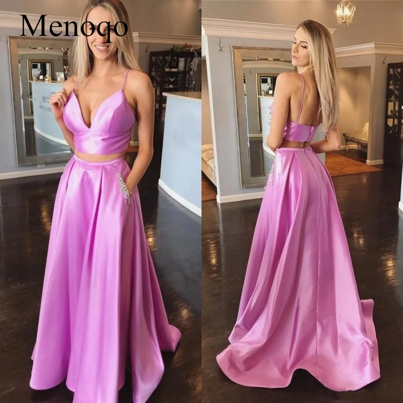 Two Piece Spaghetti Strap Satin Prom Dress Deep V Neck Backless Floor Length Beaded Formal Party Gowns With Pockets
Two Piece Spaghetti Strap Satin Prom Dress Deep V Neck Backless Floor Length Beaded Formal Party Gowns With Pockets