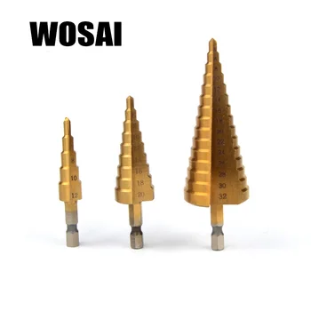WOSAI 3Pcs Metric Spiral Flute Step HSS Steel 4241 Cone Titanium Coated Drill Bits Tool Set Hole Cutter 4-12/ 20/ 32mm