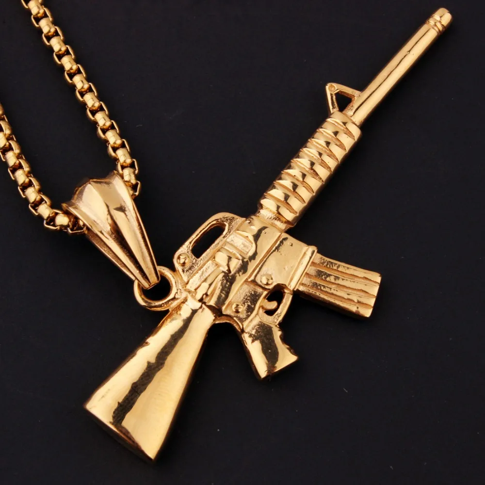 Charming Jewelry 316L Stainless Steel Gold Tone Model Fire Weapon M16 Submachine Gun Pendant Mens Womens Necklace Box Chain 24"
Charming Jewelry 316L Stainless Steel Gold Tone Model Fire Weapon M16 Submachine Gun Pendant Mens Womens Necklace Box Chain 24"