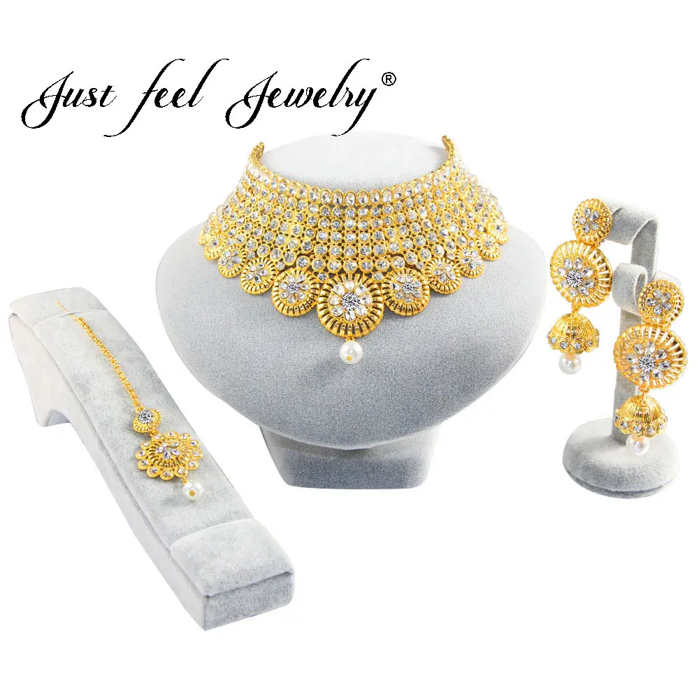 

JUST FEEL India Gold Color Jewelry Sets For Women Fashion Crystal Imitation Pearls African Wedding Headdress Necklace Earring