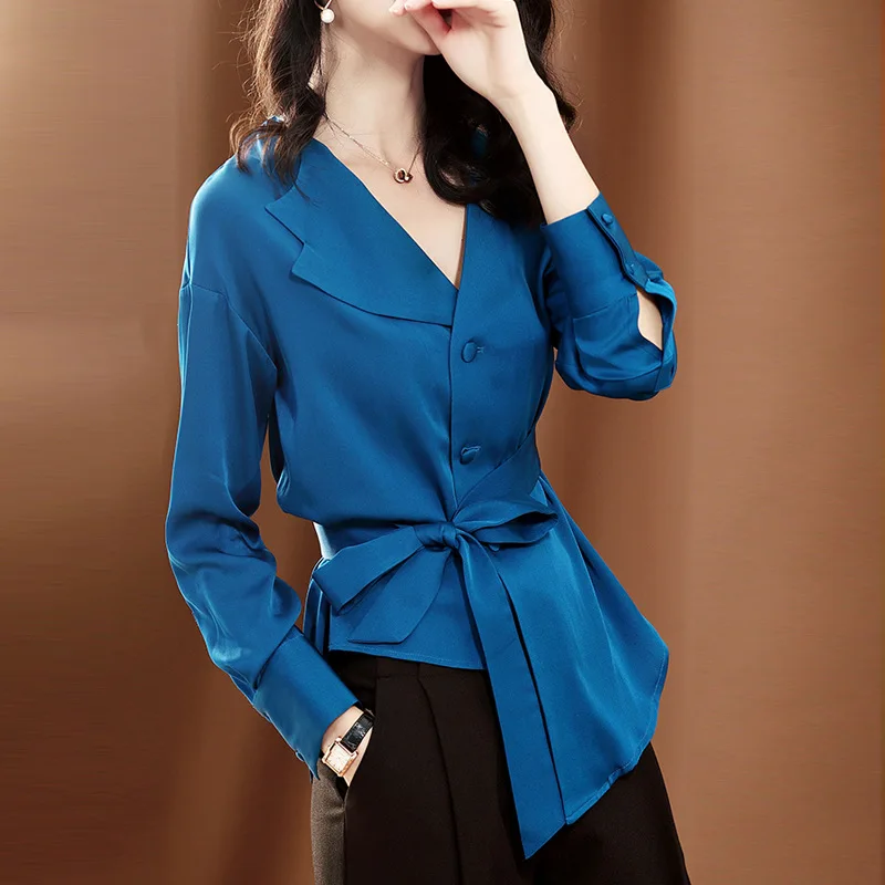 Shirt Female 2019 Spring Summer Long-sleeved Tunic Waist Satin Blouse Solid Color Irregular Bow Tie Tops Elegant OL Ladies Tops
Shirt Female 2019 Spring Summer Long-sleeved Tunic Waist Satin Blouse Solid Color Irregular Bow Tie Tops Elegant OL Ladies Tops