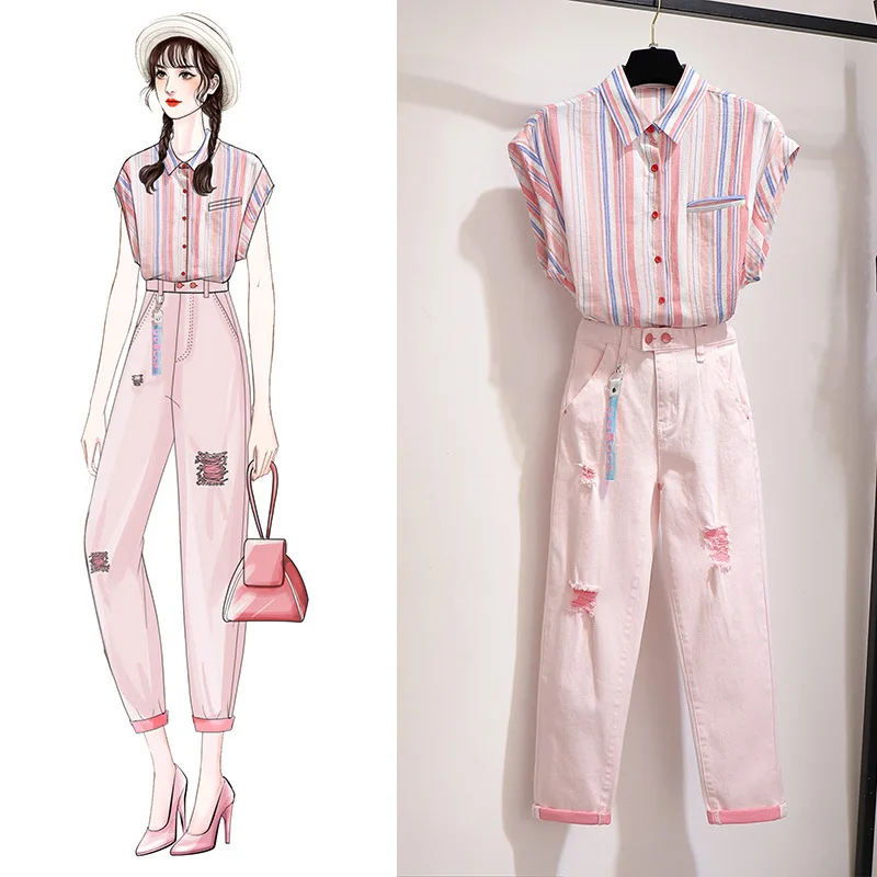 Women Two Piece Outfits 2019 Summer Short Sleeve Striped Shirt and Ankle-Length Jeans Long Pant Pink Office Lady Top and Pants
Women Two Piece Outfits 2019 Summer Short Sleeve Striped Shirt and Ankle-Length Jeans Long Pant Pink Office Lady Top and Pants
