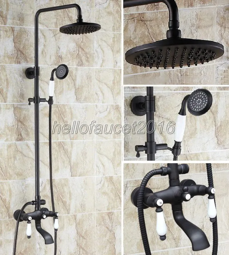 

8 inch Black Oil Rubbed Brass Rainfall Shower Faucet Set Bathroom Wall Mounted Tub Mixer Dual Ceramic Handle Taps lhg146