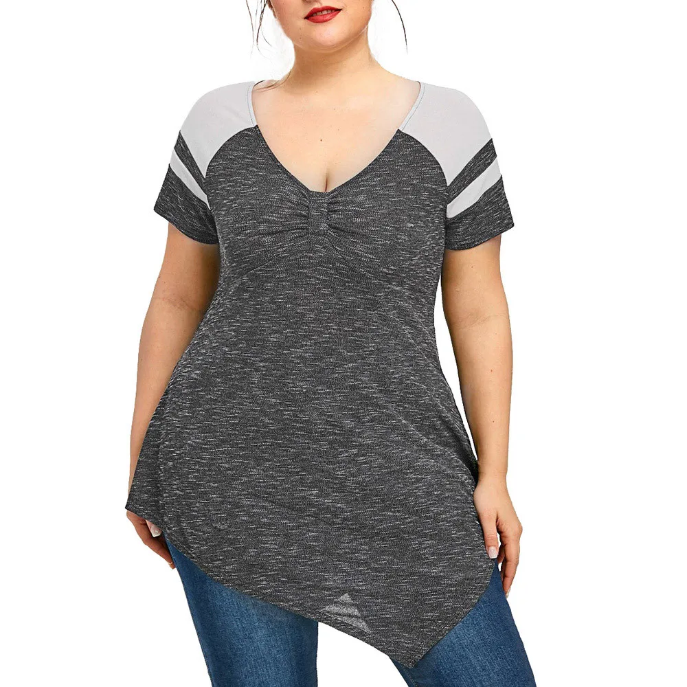 

T-Shirt V-Neck Top Fashion Women Raglan Short Sleeve Plus Size Asymmetric T-Shirt V-Neck Top A.23.6B