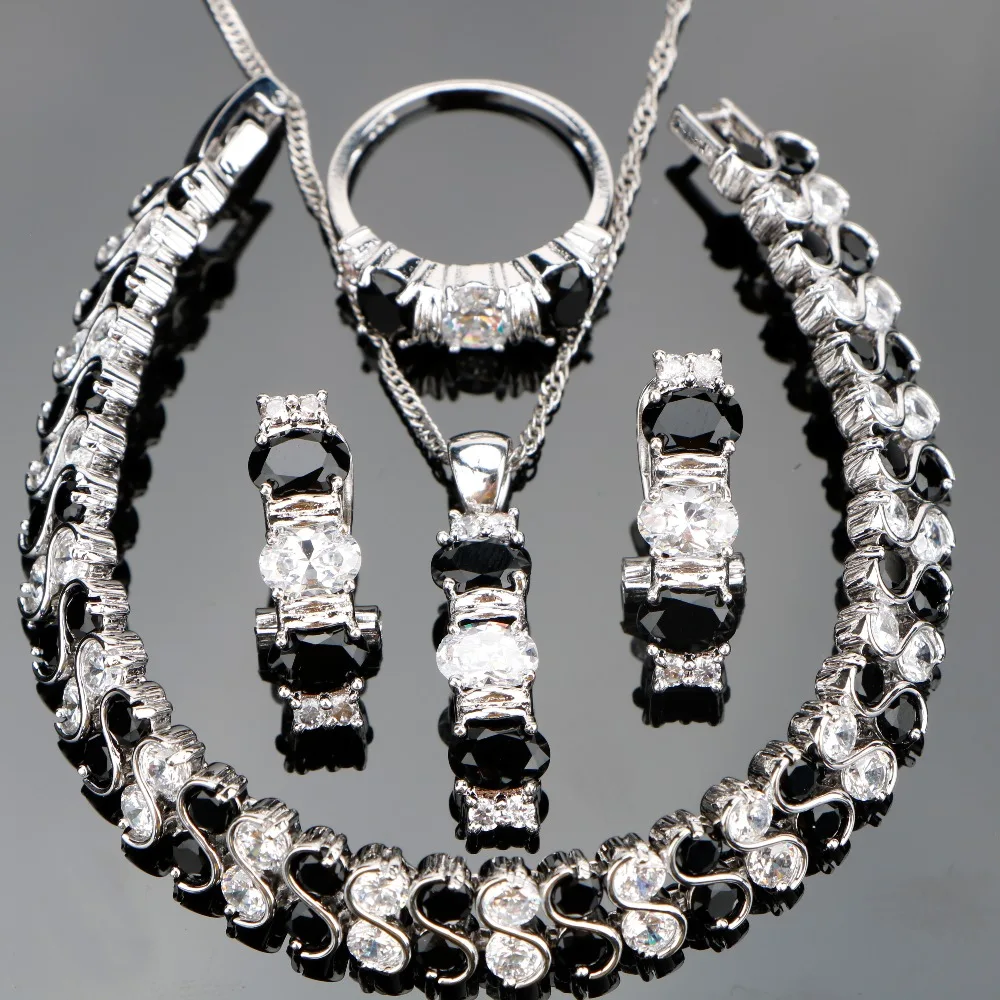 2017 Black Cubic Zirconia White Rhinestones 925 Sterling Silver Jewelry Sets For Women Earrings/Pendant/Necklace/Rings/Bracelets 
2017 Black Cubic Zirconia White Rhinestones 925 Sterling Silver Jewelry Sets For Women Earrings/Pendant/Necklace/Rings/Bracelets