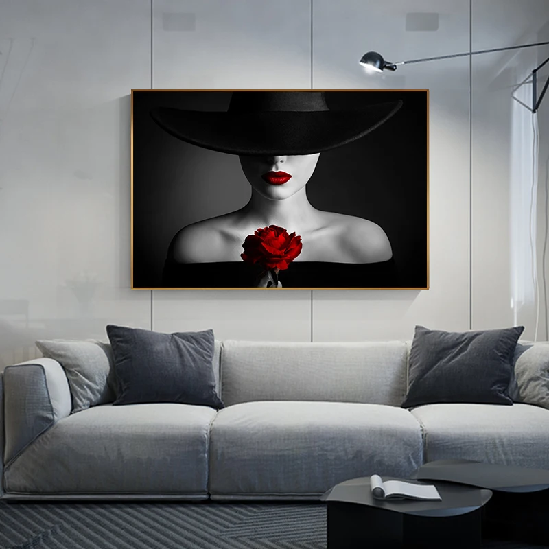 Sexy Red Lips Bleeding Rose Canvas Painting Black Posters Prints Beauty Wall Art