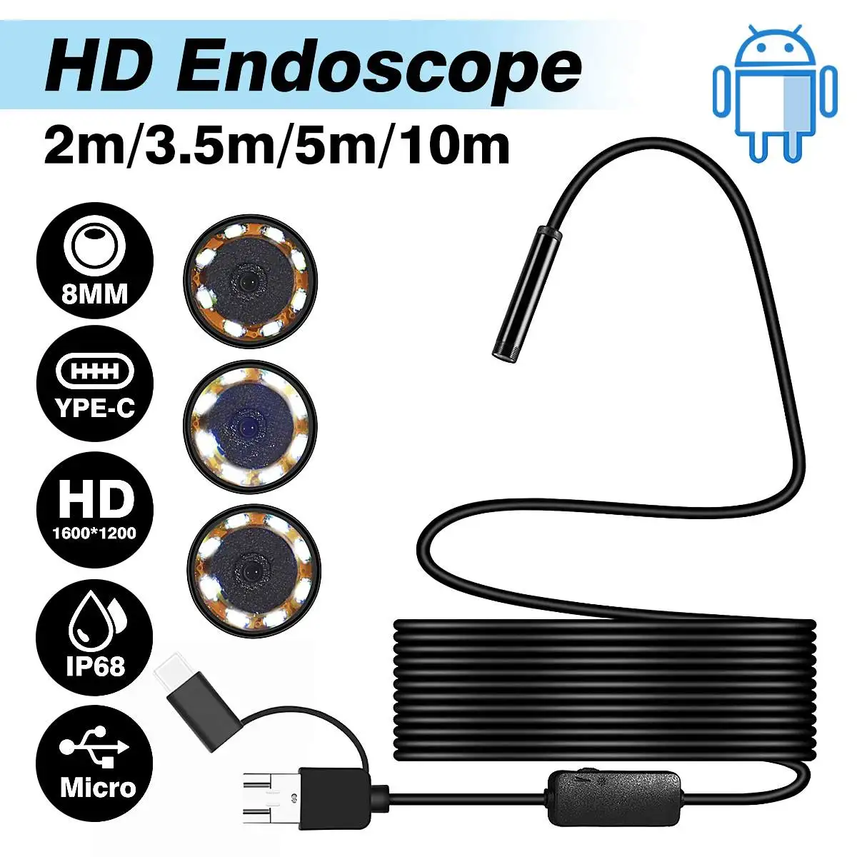 8mm Lens 2M 3.5M 5M 10M HD 1200P Android USB Endoscope Camera Flexible Snake USB Pipe Inspection Android Phone Borescope Camera
8mm Lens 2M 3.5M 5M 10M HD 1200P Android USB Endoscope Camera Flexible Snake USB Pipe Inspection Android Phone Borescope Camera