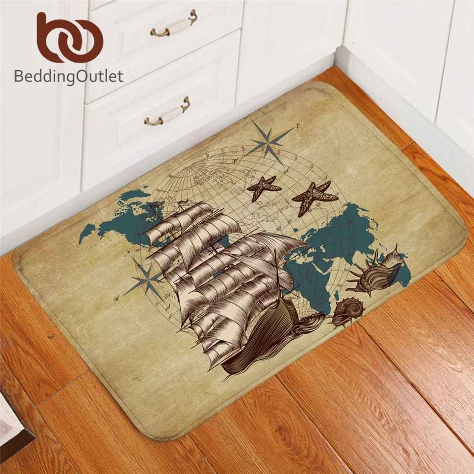 

BeddingOutlet Sailing Ship Area Rug Nautical Doormat World Map Retro Carpet Oceans Shells Brown Floor Mat Non-slip for Bedroom