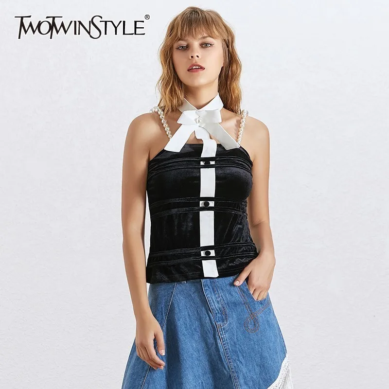 TWOTWINSTYLE Sexy Velour Vest For Women Sleeveless Bowknot Large Size Supender Pearl Tank Female Fashion Clothing Summer 2019
TWOTWINSTYLE Sexy Velour Vest For Women Sleeveless Bowknot Large Size Supender Pearl Tank Female Fashion Clothing Summer 2019