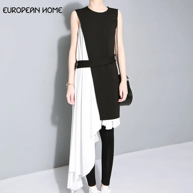 Original 2019 Summer Dress Women clothing fahion Chiffon white With Black Slim Sleeveless Asymmetrical Vestidos Women's Dresses | Женская