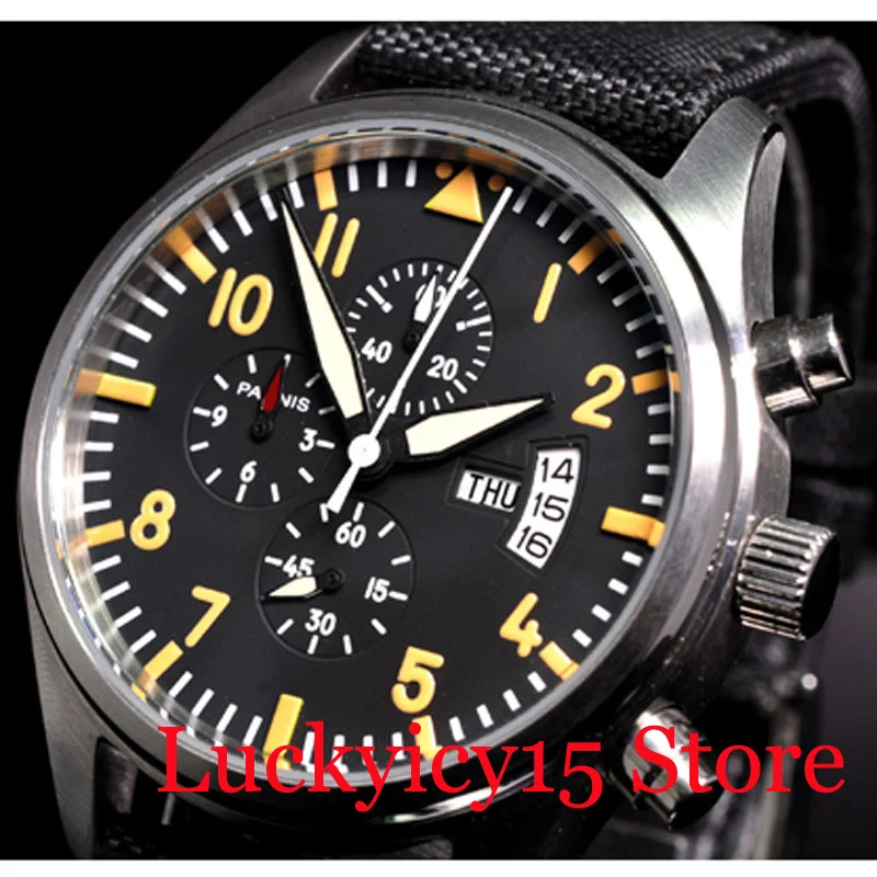 PARNIS 42mm Quartz Men's Watch Chronograph Function Weekday and Date Indicator Black Strap Black Dial With Orange Marks
PARNIS 42mm Quartz Men's Watch Chronograph Function Weekday and Date Indicator Black Strap Black Dial With Orange Marks