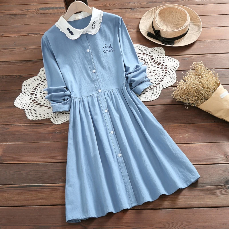Japanese Mori Girl Spring Women Shirt Dress Peter Pan Collar Lace Embroidery Cute Dress Elegant Kawaii Cotton Pink Blue Dresses
Japanese Mori Girl Spring Women Shirt Dress Peter Pan Collar Lace Embroidery Cute Dress Elegant Kawaii Cotton Pink Blue Dresses