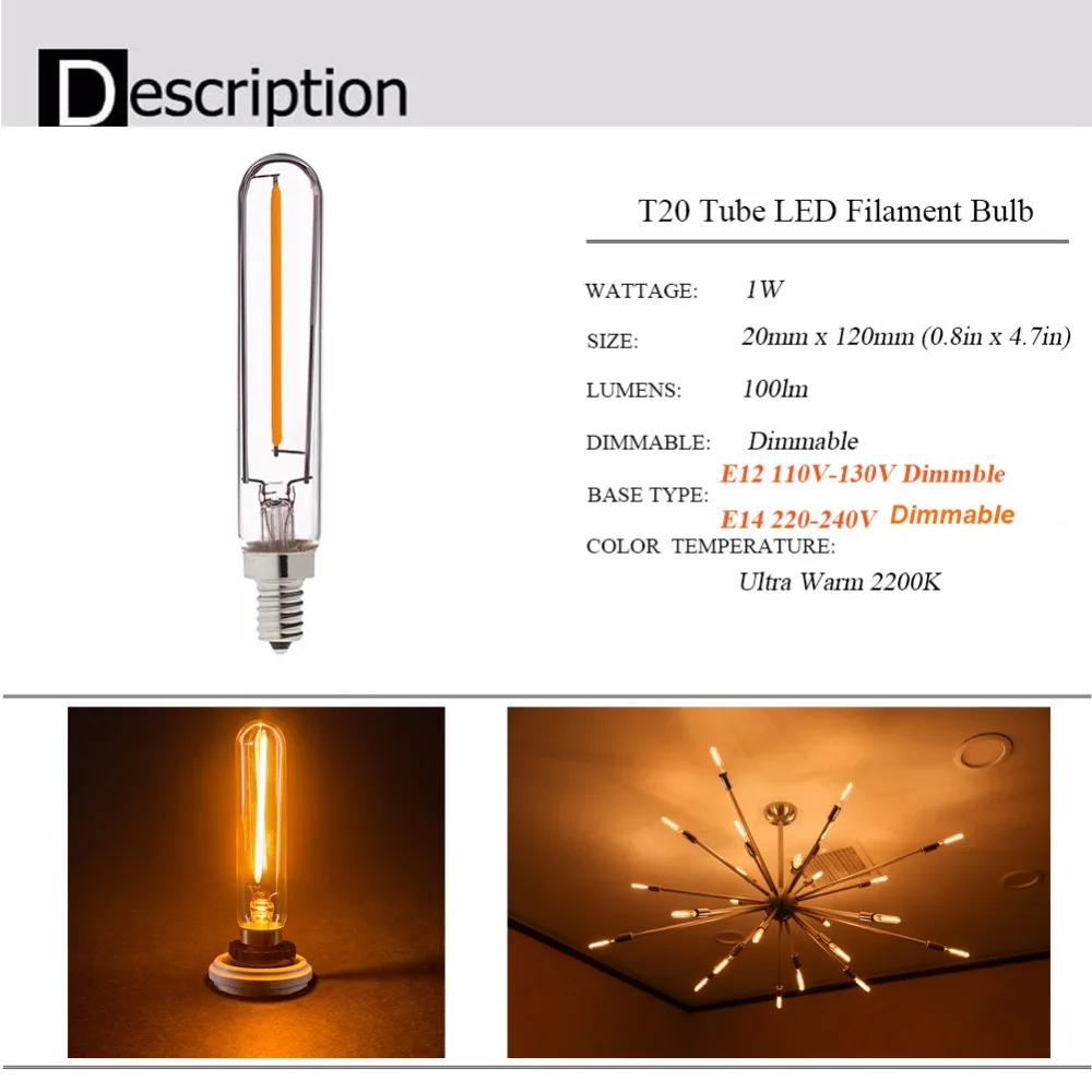 Description Picture 4 of item4PCS/Lot T20 Edison Retro Lamps 1W 2W LED Light Long Filament E12 E14 110V 220V Dimmable Refrigerator Bulb Warm White room decor