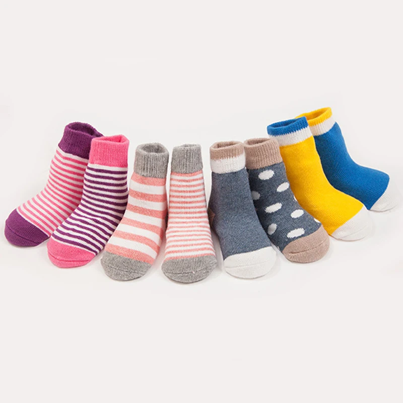 4 Pairs Winter Spring Autumn Warm Thickened Cotton Socks Polka Dots Striped Newborn Baby Boys and Girls Infant Sock for 0-3 Age |