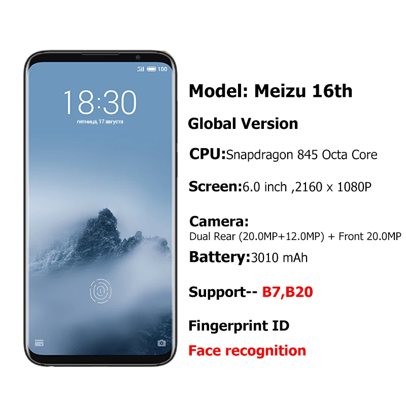 Meizu 16th 16 ГБ 8 128 глобальная версия Snapdragon 845 6 0 '' экран 2160x1080 P 3010 мА/ч фронтальная