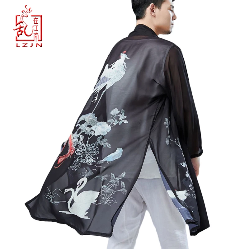 

LZJN Men Thin Light Cool Summer Trench Coat Male Loose Casual Long Shirt Vintage Birds Print Hanfu Open Front Kimono Cardigan