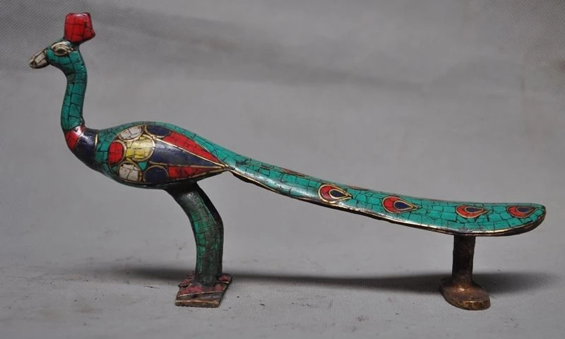 Tibet Bronze Inlay Turquoise Red coral Auspicious Peacock Peafowl Maurya Statue
Tibet Bronze Inlay Turquoise Red coral Auspicious Peacock Peafowl Maurya Statue