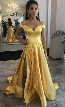 Fitted Yellow Evening Dress With Slits A Line Off The Shoulder Prom Dresses Elegant Satin Long Formal Party Dresses Plus Size 
Fitted Yellow Evening Dress With Slits A Line Off The Shoulder Prom Dresses Elegant Satin Long Formal Party Dresses Plus Size