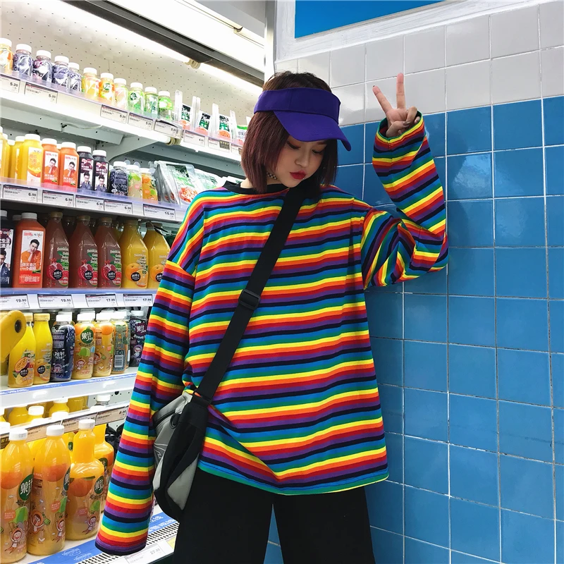 Korean ulzzang Spring Autumn Women's Clothing New Tops harajuku Sweet Rainbow Striped Tees O-neck long sleeve loose BF T-Shirts
Korean ulzzang Spring Autumn Women's Clothing New Tops harajuku Sweet Rainbow Striped Tees O-neck long sleeve loose BF T-Shirts