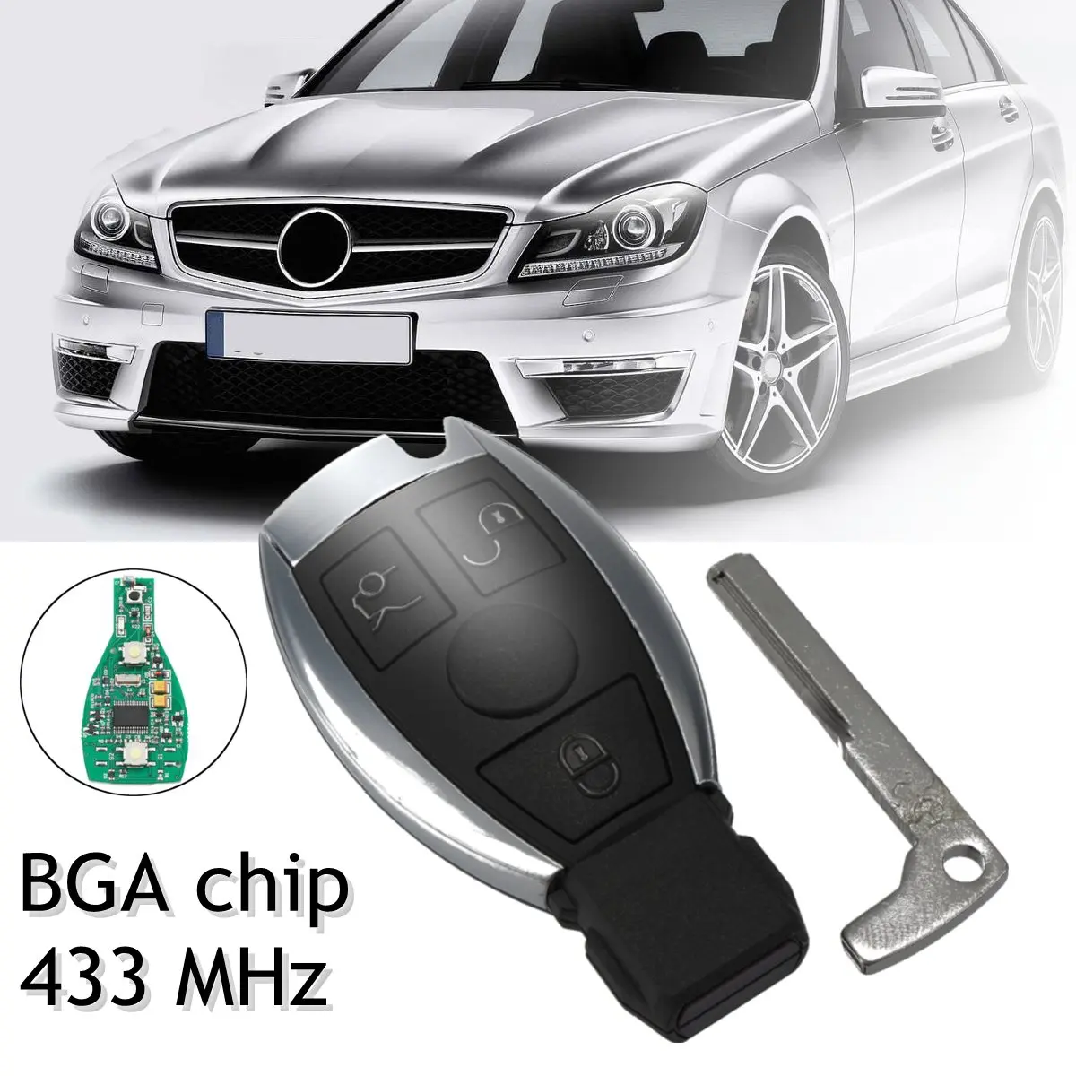

433MHz 3 Buttons Remote Key Replacement Entry Fob Transmitter for Mercedes/Benz A E S G CLK SLK ML 2000+ w/ BGA Chip Uncut Blade