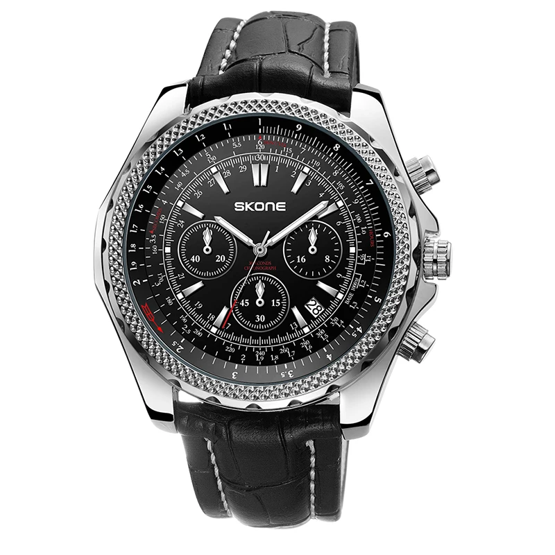 

SKONE Mens Business Leather Watches Luxury Brand White and Black Chronograph Watch Man Quartz Wrist Watch relogio masculino