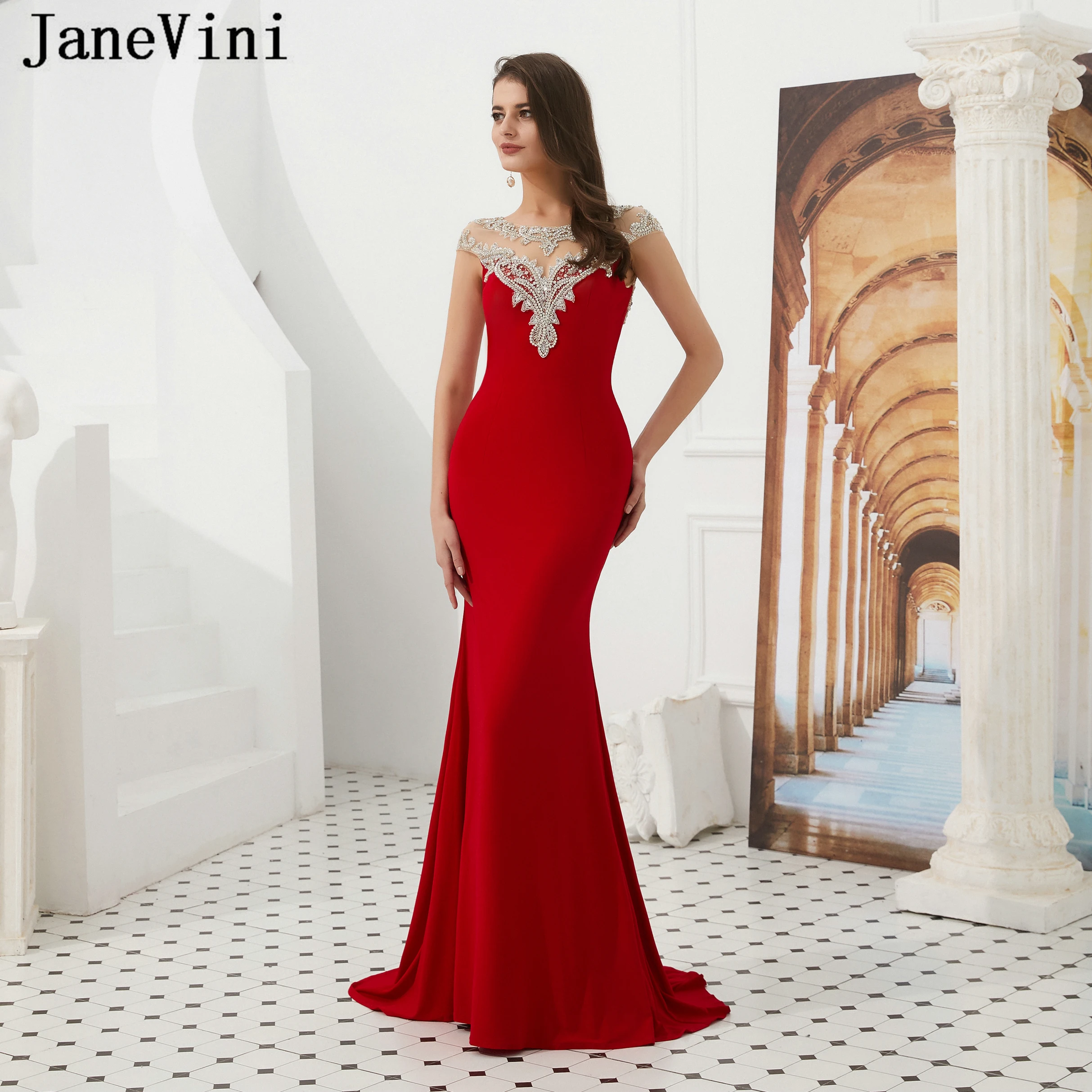 

JaneVini Sexy Mermaid Red Evening Dresses 2019 New Arrival Backless Beaded Satin Sweep Train Pageant Party Gowns Robe De Soiree