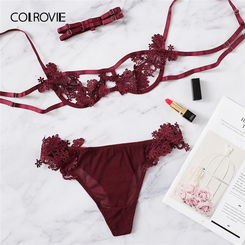 

COLROVIE Burgundy Harness Appliques Lace Sexy Intimates Women Lingerie Set With Choker Wireless Transparent Underwear Bra Set