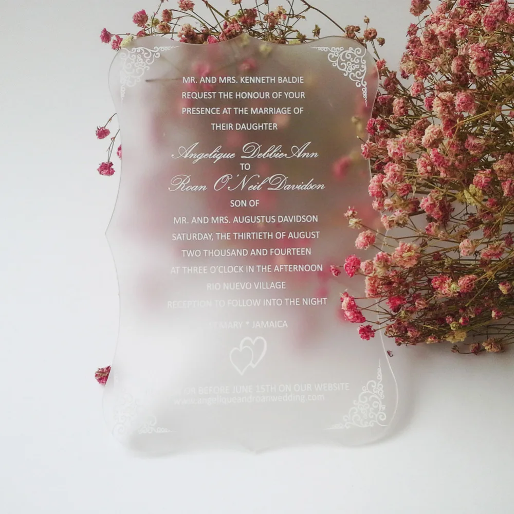 Image 5*7inch Frosted scroll shape acrylic wedding invitation card design (1lot=100pcs)