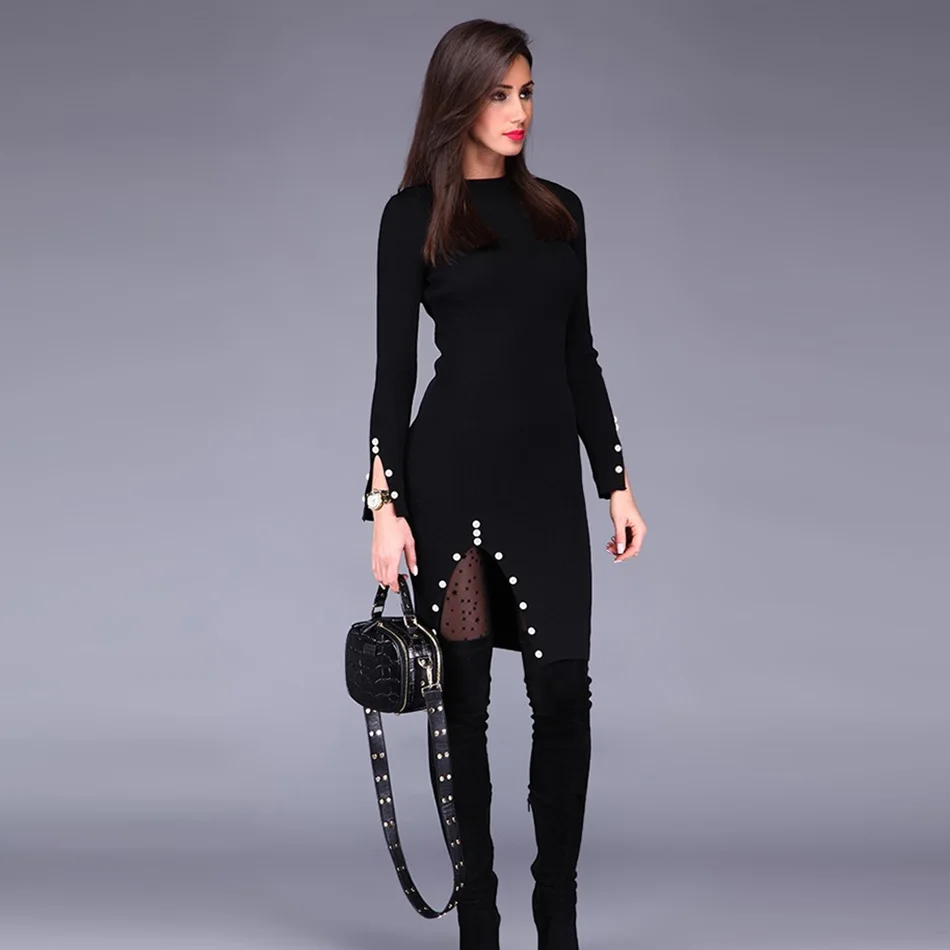 Side Split Button Embellished Long Sleeve Black Dress for Women Round Neck Solid Sheath Knee Length Bodycon Dresses Vestidos
Side Split Button Embellished Long Sleeve Black Dress for Women Round Neck Solid Sheath Knee Length Bodycon Dresses Vestidos