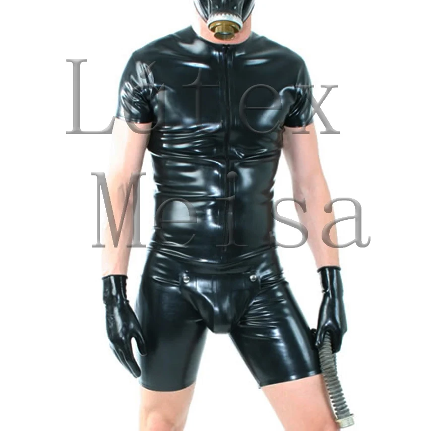 Black tight latex clothing set including t-shirt with zip and short with codpiece and 5 fingers gloves
Black tight latex clothing set including t-shirt with zip and short with codpiece and 5 fingers gloves