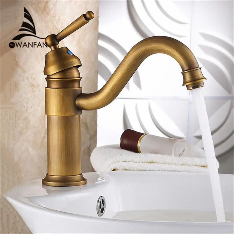 

Basin Faucets Antique Brass Bathroom Sink Faucets Single Handle Vintage Deck Mount Torneiras Hot Cold Bath Mixer Water Tap 6632F