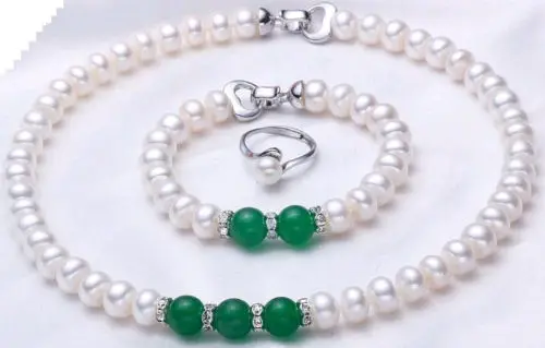 

FREE SHIPPING HOT sell new Style >>>>CHARMING 9-10MM AAA NATURAL WHTIE PEARL&GREEN JADE NECKLACE&BRACELET&RING SETS