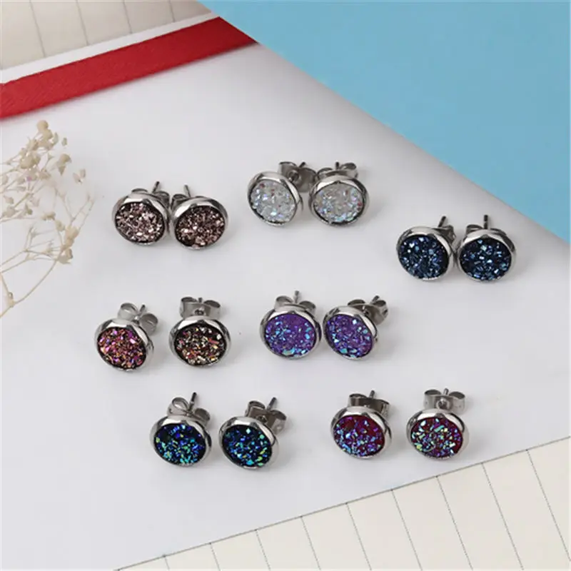 

2 Pairs Fashion Stainless Steel Drusy Ear Post Stud Earrings Silver Round AB Color Jewelry 10mm Dia., Post/ Wire Size: 19 gauge