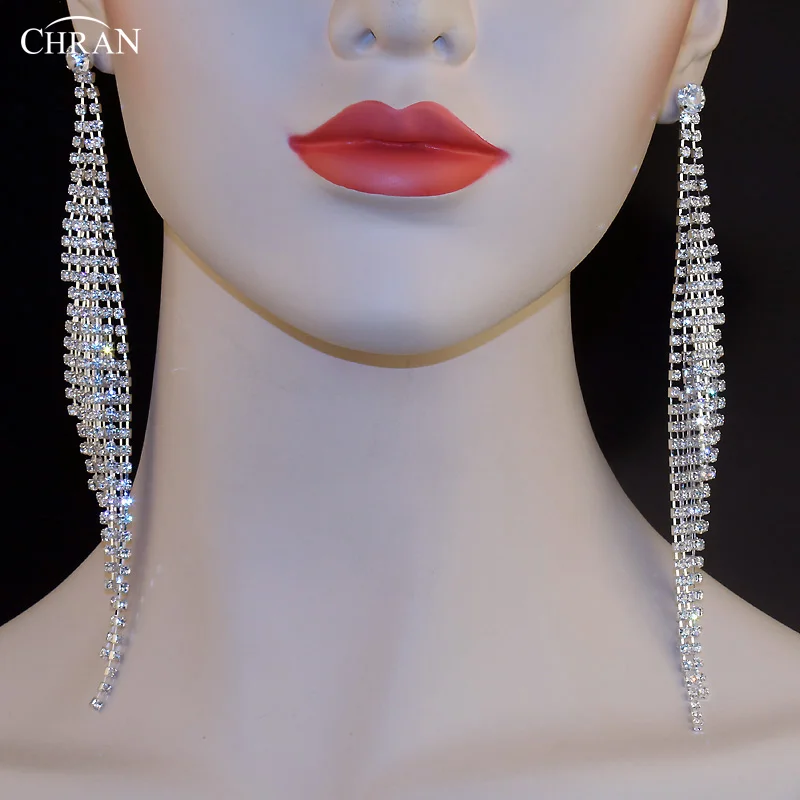

CHRAN Silver Plated Rhinestone Exaggerated Ultra Long Tassel Big Earrings Party Wedding Jewelry Dangle Drop Earrings for Women