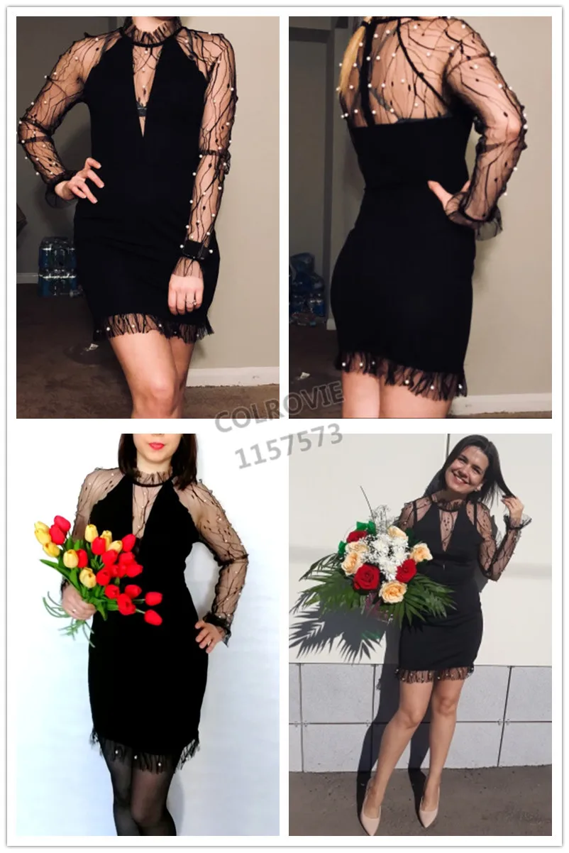 black  Pearl Beading Vine Mesh Long Sleeve Dress