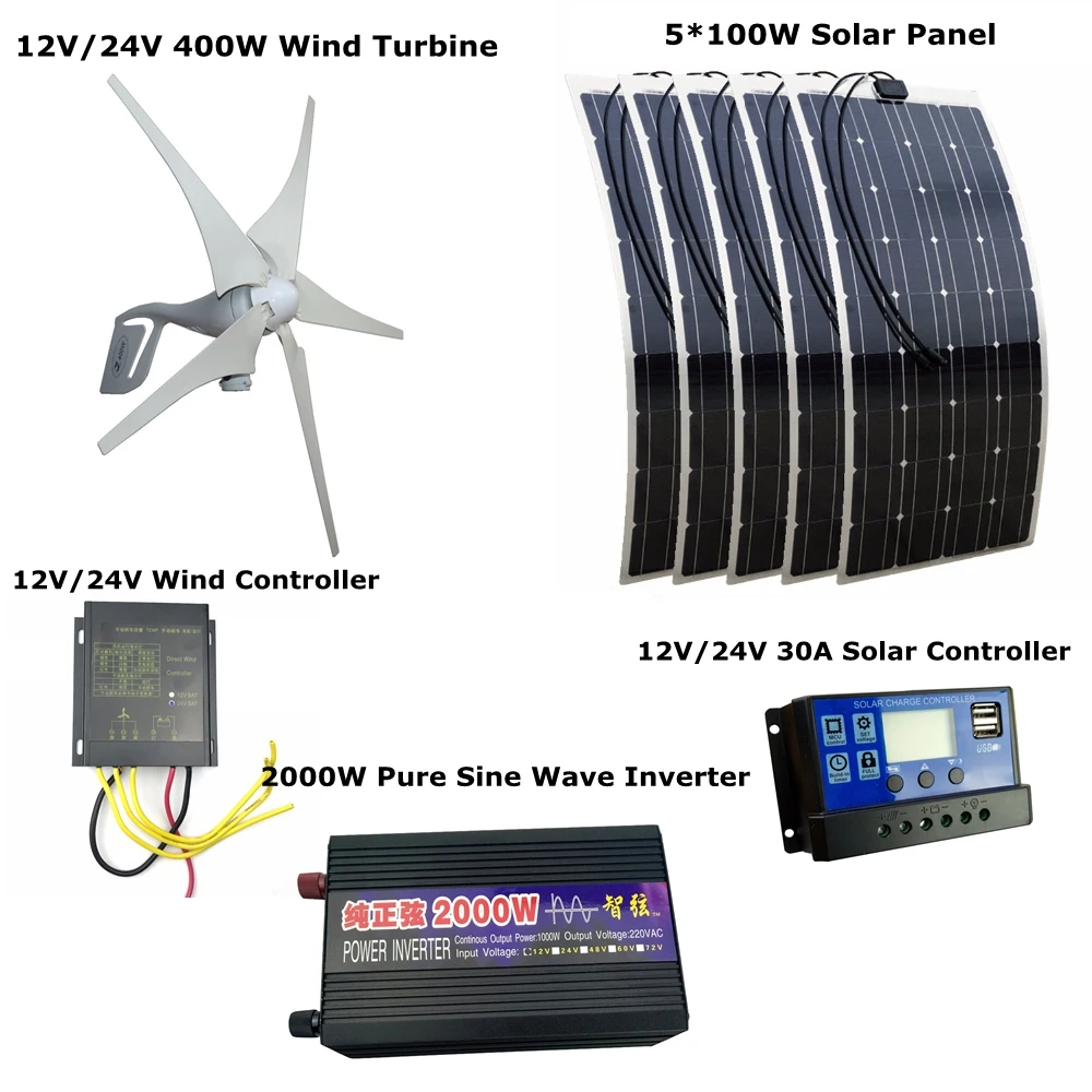400W 12V/24V Wind Turbines Generator +Wind Controller+5*100W Solar Panel++30A Solar Controller +2000W Pure Sine Wave Inverter
400W 12V/24V Wind Turbines Generator +Wind Controller+5*100W Solar Panel++30A Solar Controller +2000W Pure Sine Wave Inverter