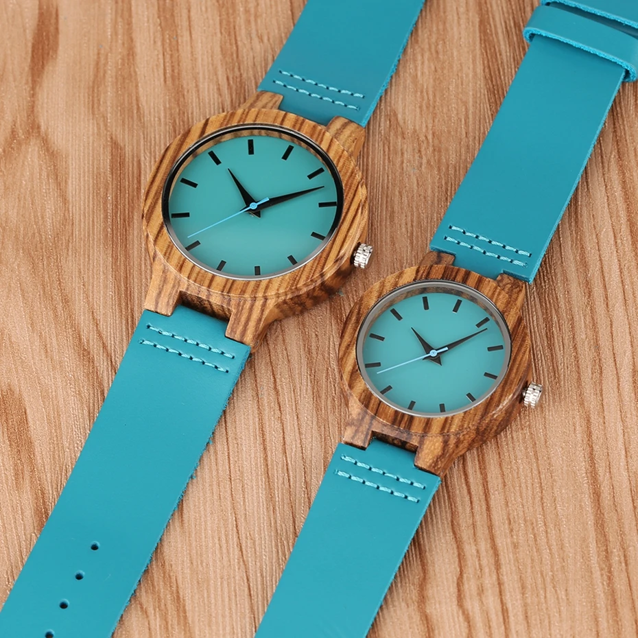 Fashion Blue Wooden Bamboo Quartz-watch Natural Wood Wristwatch Genuine Leather Creative Xmas Gift for Men Women Reloj de madera 2017 2018 (18)