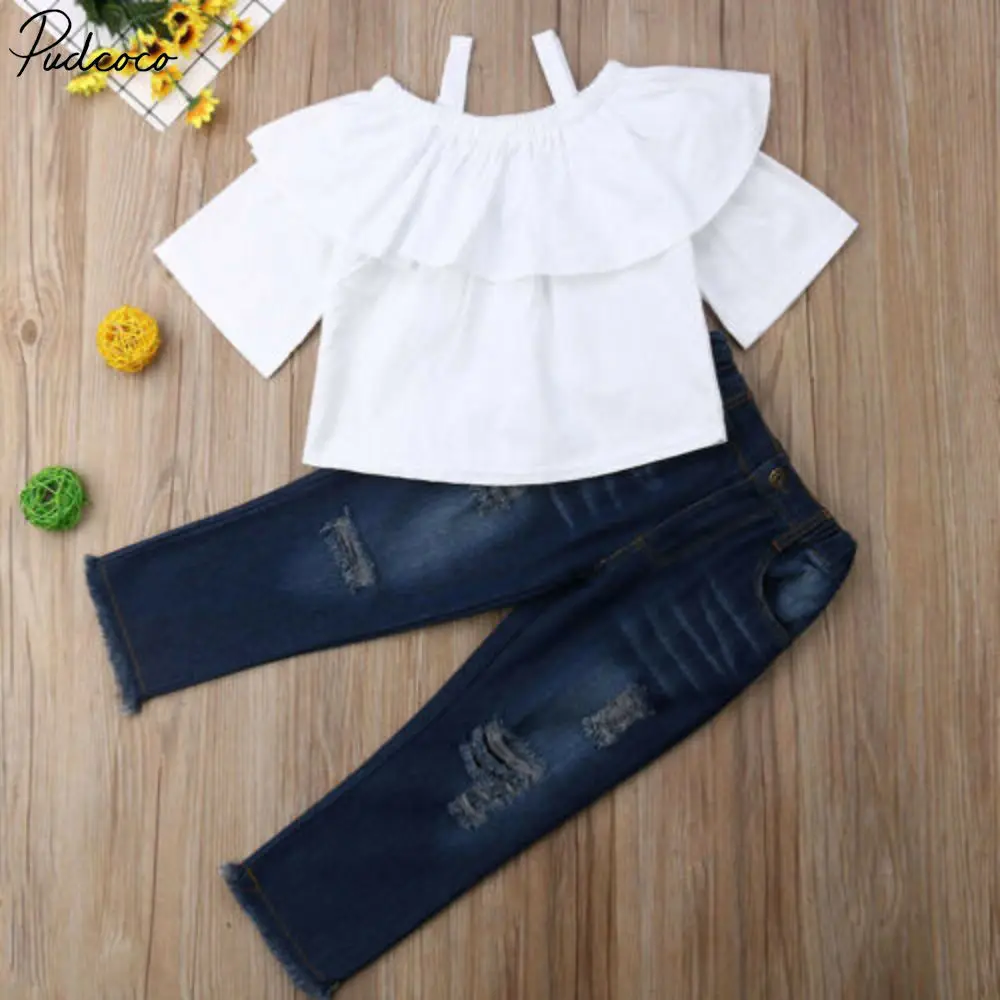 2PCS Baby Girls Clothes Set Summer Ruffle Blouse Shirts Strap Tops Denim Pants Destroyed Jeans Kids Casual Outfit 3-8Y
2PCS Baby Girls Clothes Set Summer Ruffle Blouse Shirts Strap Tops Denim Pants Destroyed Jeans Kids Casual Outfit 3-8Y