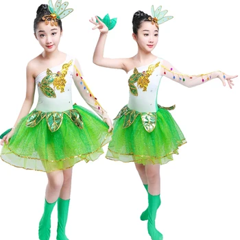 

Children's Little Lotus Style Show Clothes Green Grass Female Dance Yarn Skirt Moonlight Jasmine Flowering Skirt in Lotus Pond