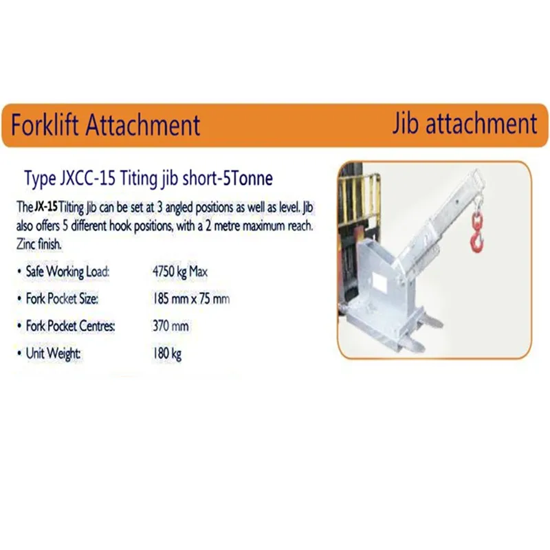 Hot sale Forklift accessories Forklift attachment Type JXCC-15 Tilting jib short 5tonne
Hot sale Forklift accessories Forklift attachment Type JXCC-15 Tilting jib short 5tonne
