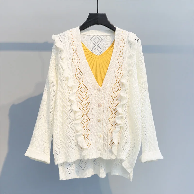thin lace hollow out women sweaters and cardigan solid white long-sleeved ruffles sun-proof knitted thin lady female outwear top
thin lace hollow out women sweaters and cardigan solid white long-sleeved ruffles sun-proof knitted thin lady female outwear top